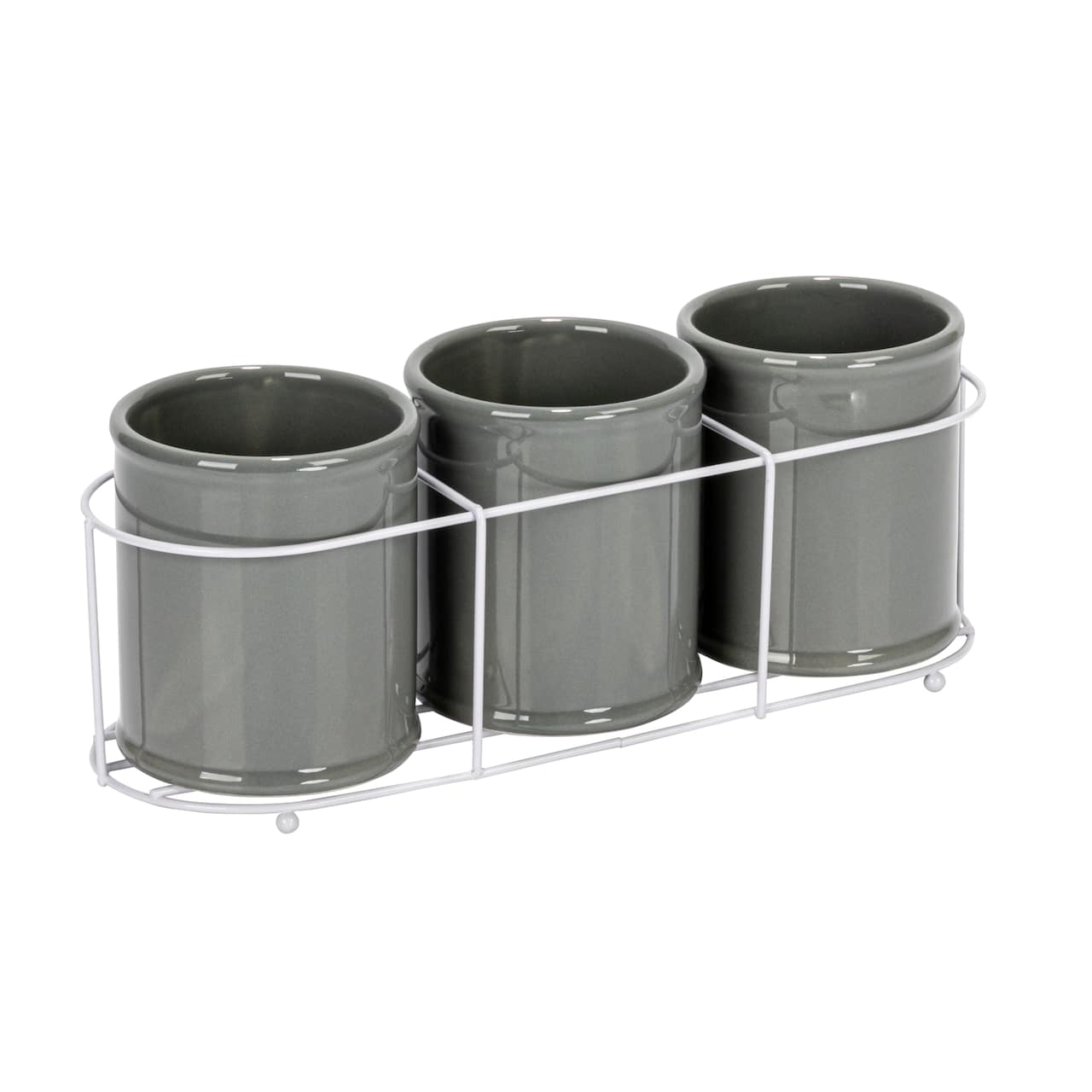 Hello Honey® 11.5" Gray Farmhouse Ceramic Crocks in White Metal Holder